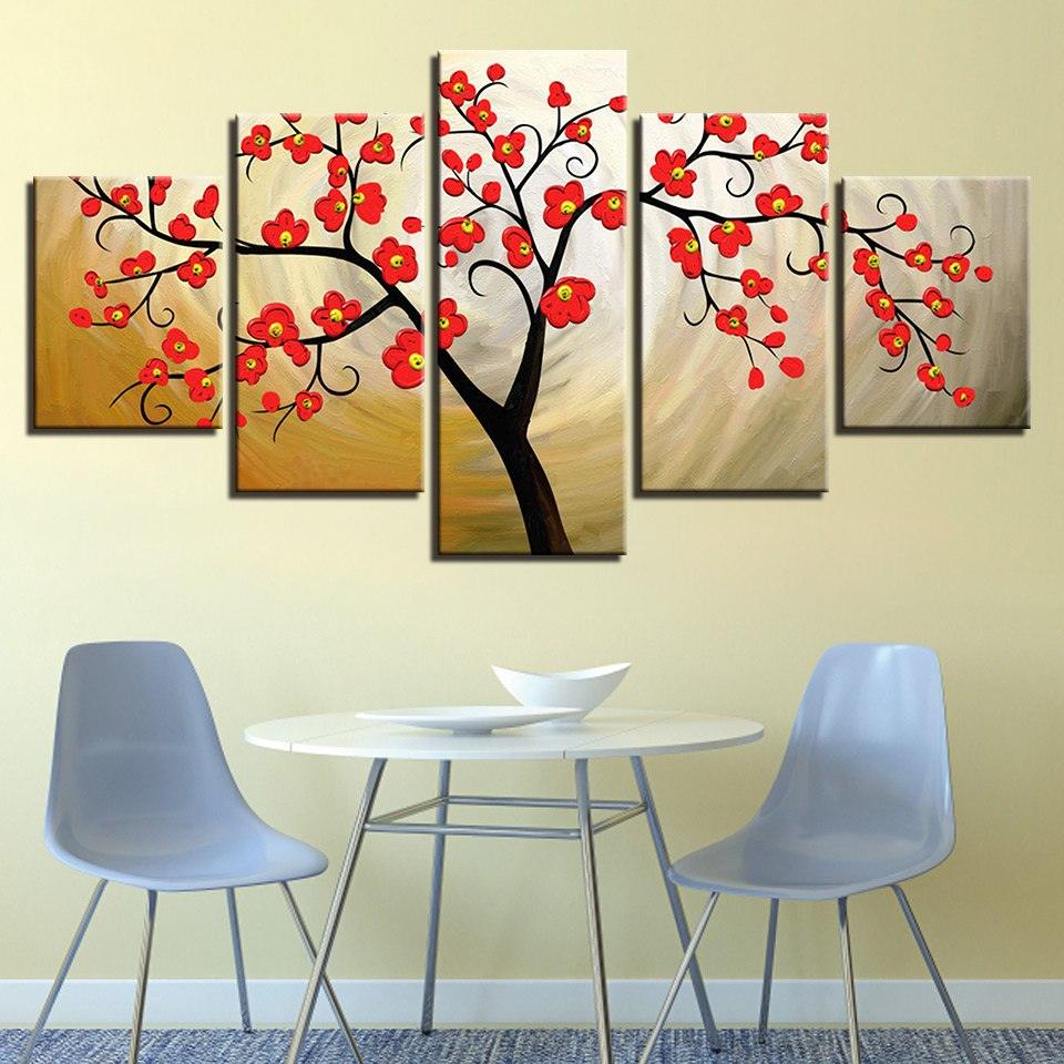 Red Plum Blossom 5 Piece HD Multi Panel Canvas Wall Art Frame - Original Frame