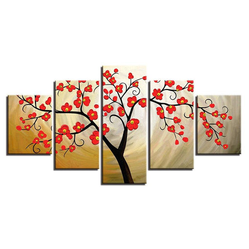 Red Plum Blossom 5 Piece HD Multi Panel Canvas Wall Art Frame - Original Frame