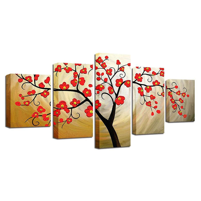 Red Plum Blossom 5 Piece HD Multi Panel Canvas Wall Art Frame - Original Frame