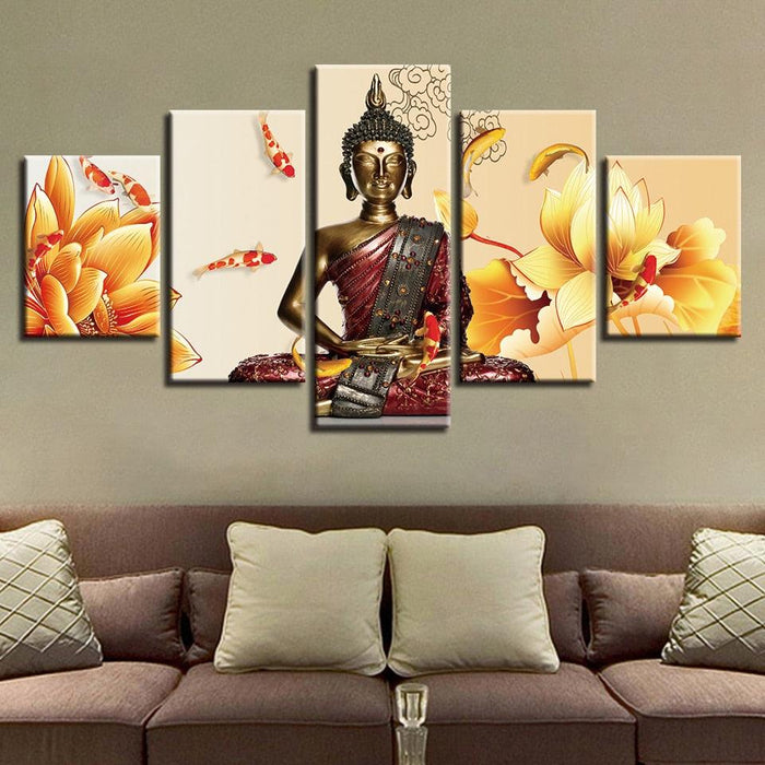 Buddha Statue Fishes And Flowers 5 Piece HD Multi Panel Canvas Wall Art Frame
