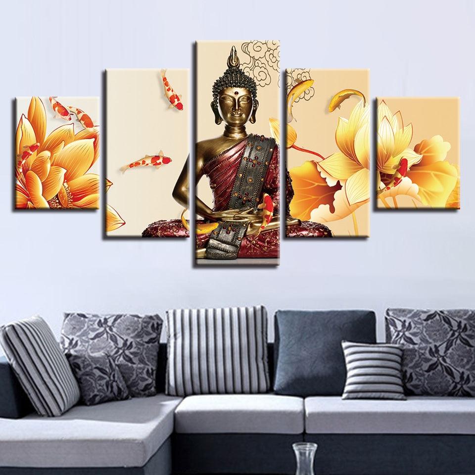 Buddha Statue Fishes And Flowers 5 Piece HD Multi Panel Canvas Wall Art Frame - Original Frame