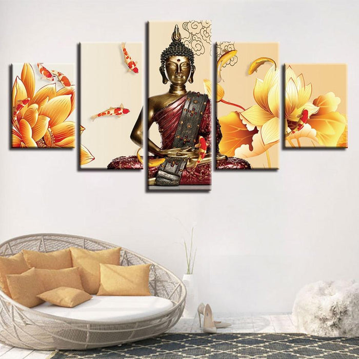 Buddha Statue Fishes And Flowers 5 Piece HD Multi Panel Canvas Wall Art Frame