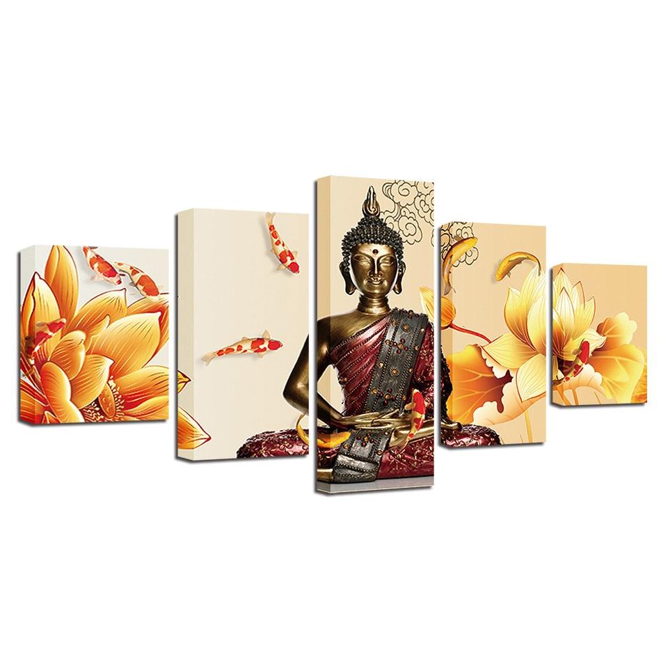 Buddha Statue Fishes And Flowers 5 Piece HD Multi Panel Canvas Wall Art Frame - Original Frame