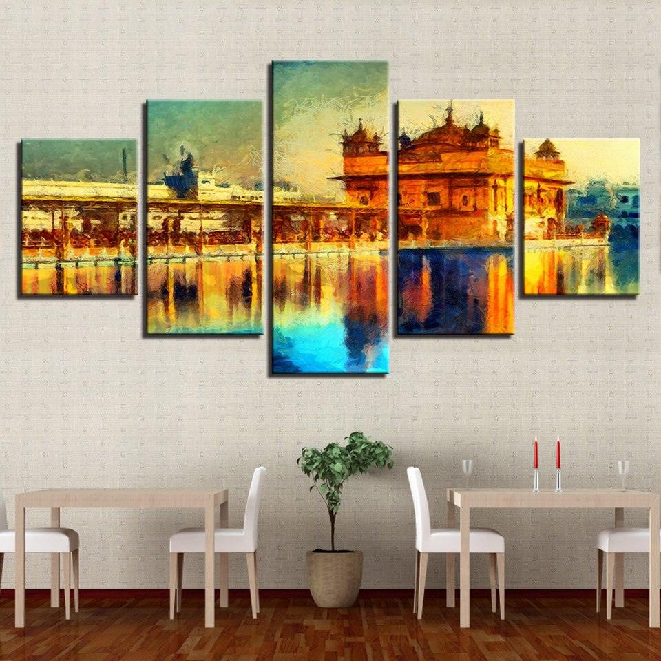 Golden Temple Landscape 5 Piece HD Multi Panel Canvas Wall Art Frame - Original Frame