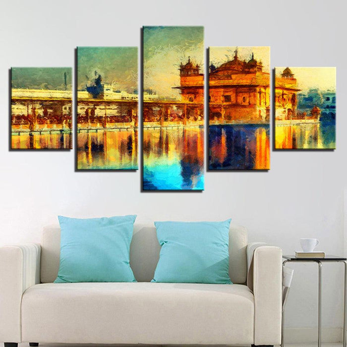 Golden Temple Landscape 5 Piece HD Multi Panel Canvas Wall Art Frame - Original Frame