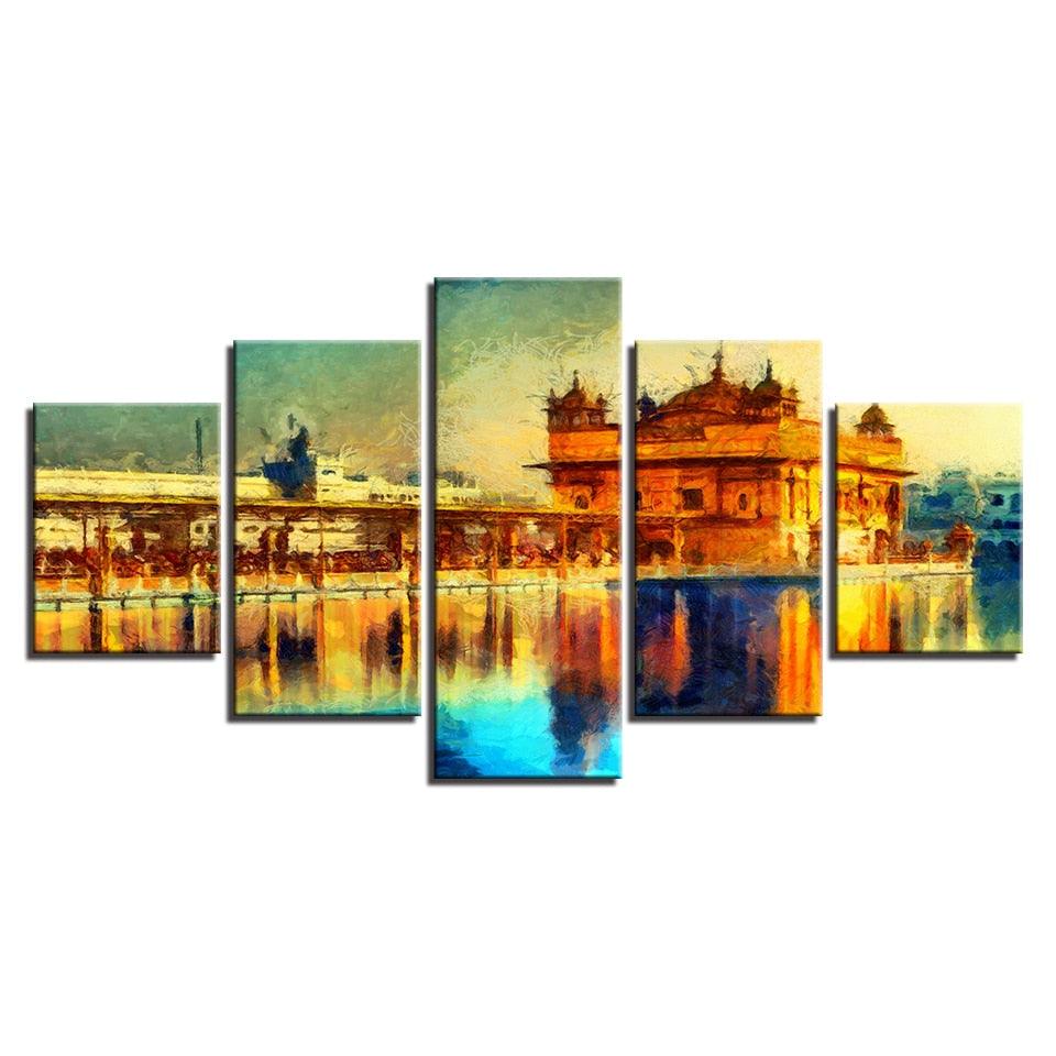 Golden Temple Landscape 5 Piece HD Multi Panel Canvas Wall Art Frame - Original Frame