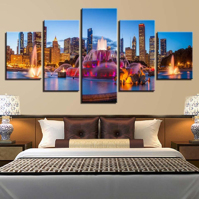 Fountains Building Nights-cape 5 Piece HD Multi Panel Canvas Wall Art Frame - Original Frame