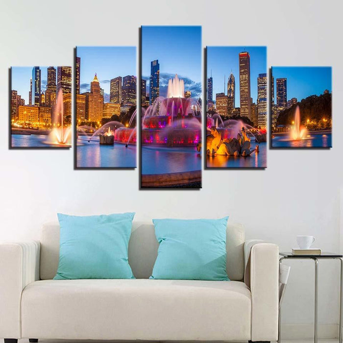 Fountains Building Nights-cape 5 Piece HD Multi Panel Canvas Wall Art Frame - Original Frame