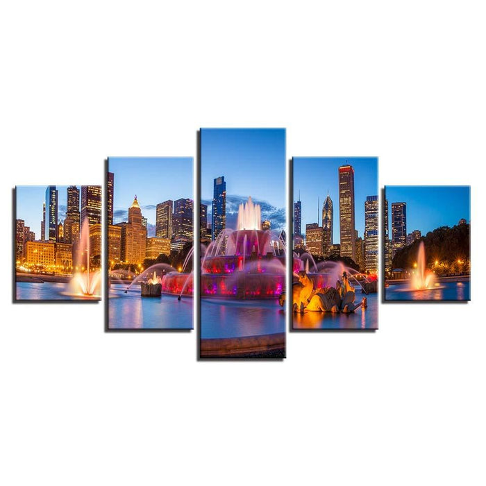 Fountains Building Nights-cape 5 Piece HD Multi Panel Canvas Wall Art Frame - Original Frame