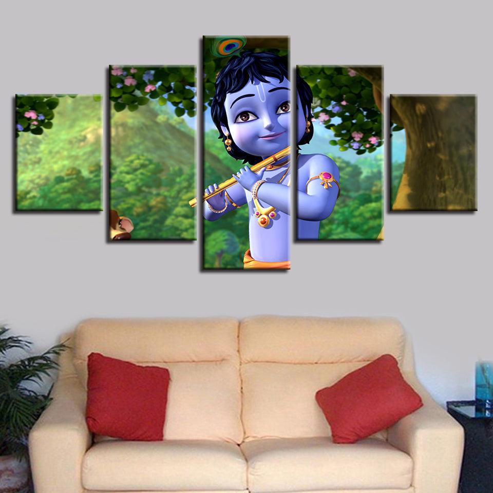 Little Krishna Painting 5 Piece HD Multi Panel Canvas Wall Art Frame - Original Frame