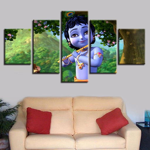 Little Krishna Painting 5 Piece HD Multi Panel Canvas Wall Art Frame - Original Frame