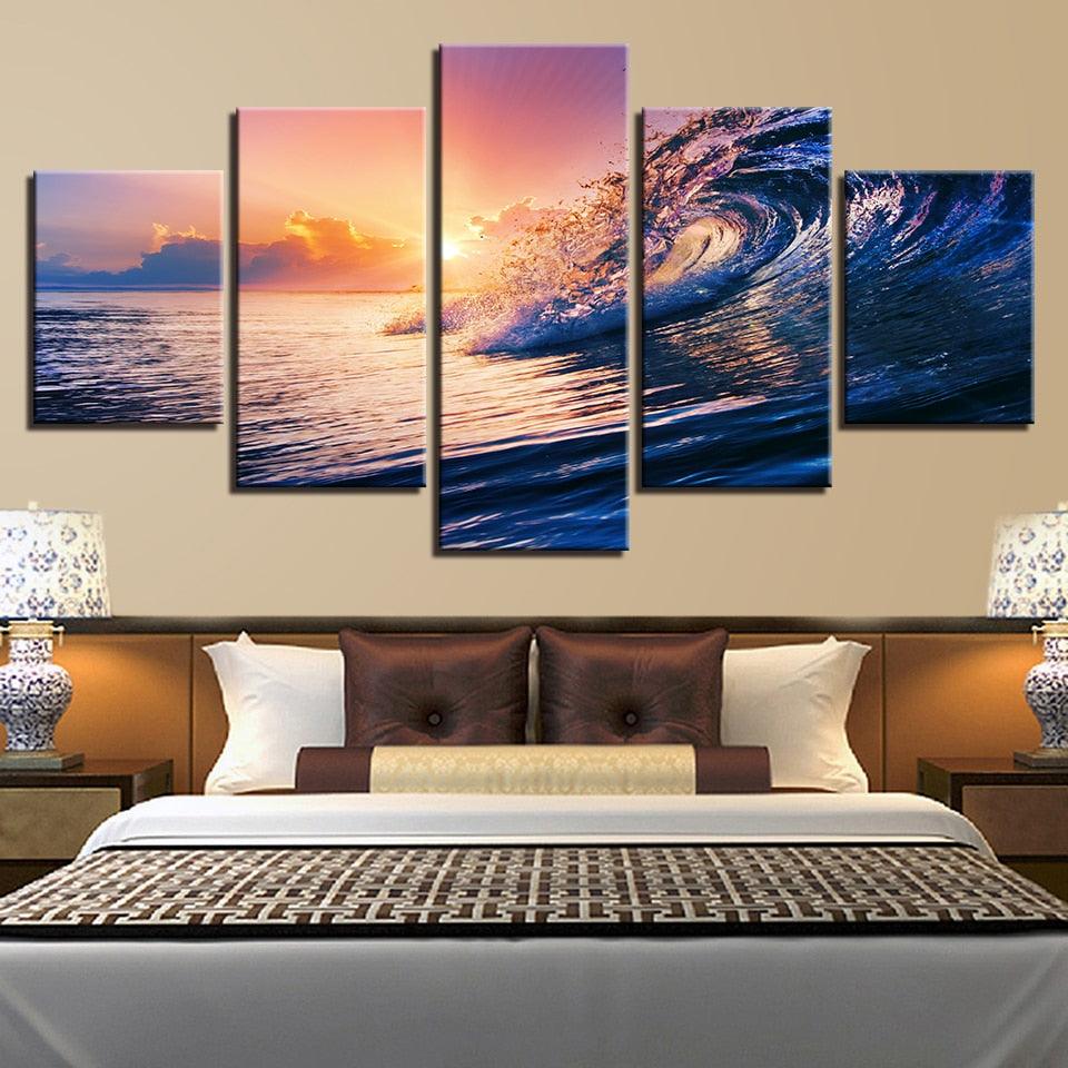 Sea Waves 5 Piece HD Multi Panel Canvas Wall Art Frame - Original Frame