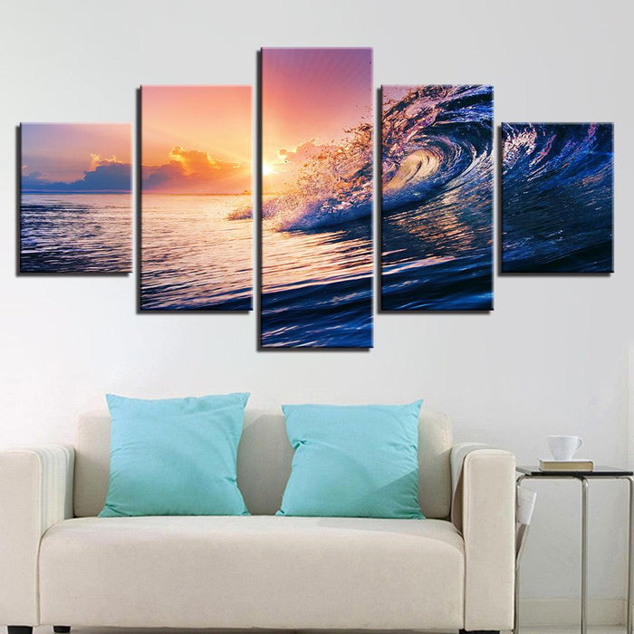 Sea Waves 5 Piece HD Multi Panel Canvas Wall Art Frame - Original Frame