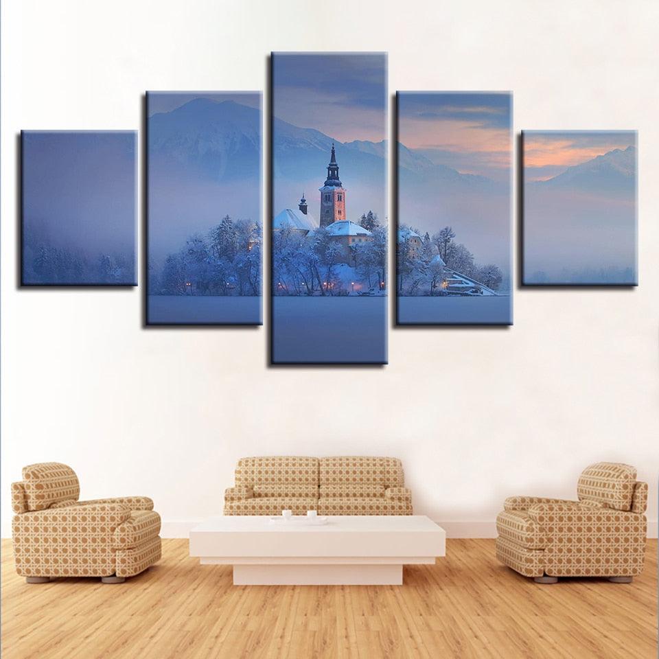 Bled Lake Church 5 Piece HD Multi Panel Canvas Wall Art Frame - Original Frame