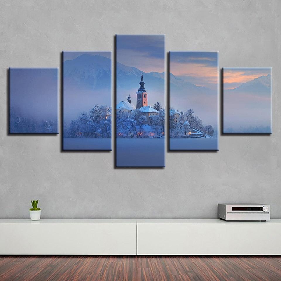 Bled Lake Church 5 Piece HD Multi Panel Canvas Wall Art Frame - Original Frame