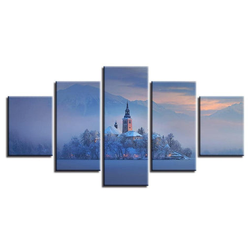 Bled Lake Church 5 Piece HD Multi Panel Canvas Wall Art Frame - Original Frame