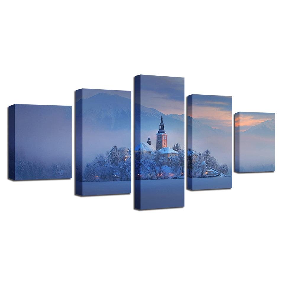 Bled Lake Church 5 Piece HD Multi Panel Canvas Wall Art Frame - Original Frame