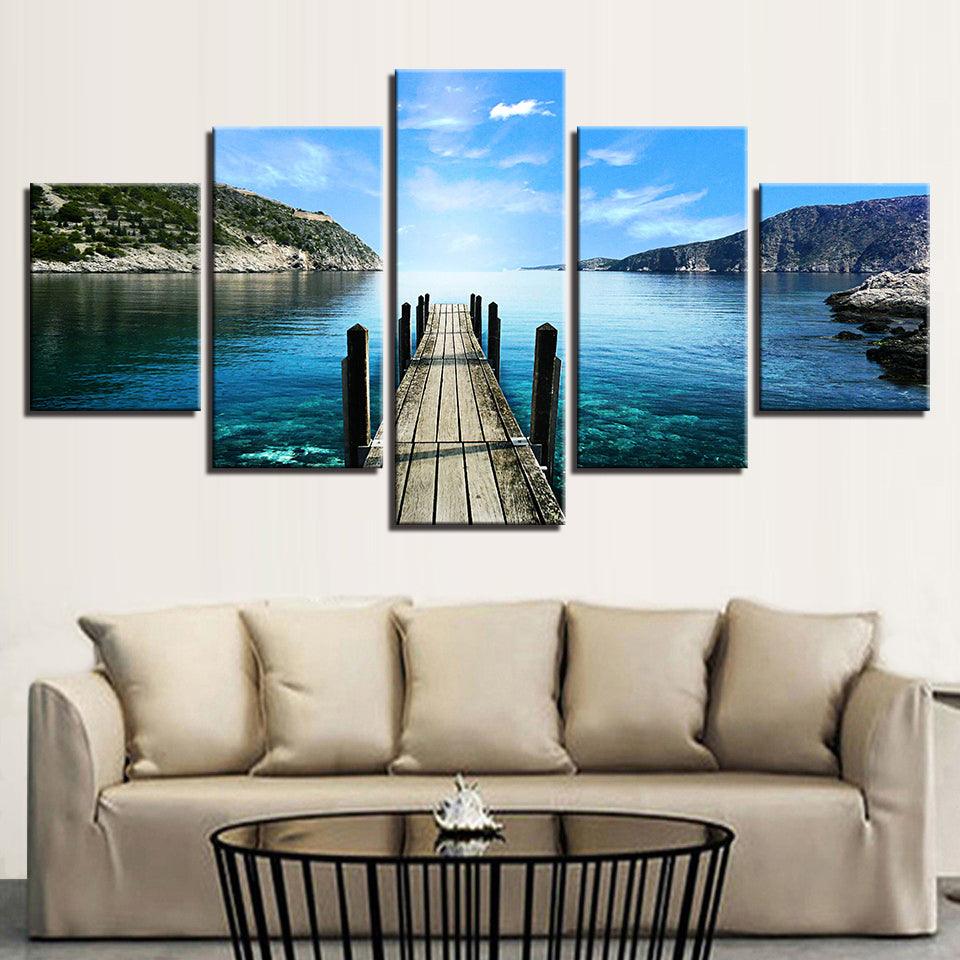 Blue Sky Bridge 5 Piece HD Multi Panel Canvas Wall Art Frame - Original Frame