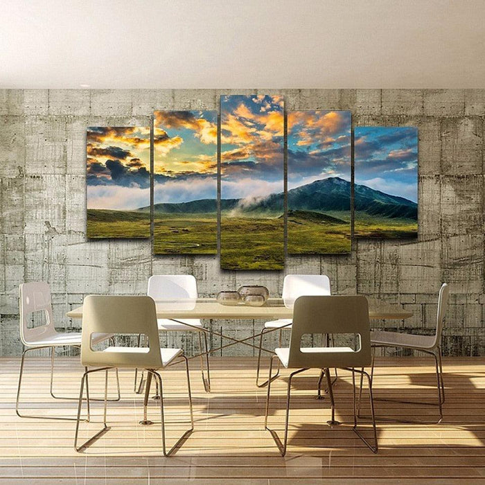 Green Grass Lawn And Mountains 5 Piece HD Multi Panel Canvas Wall Art Frame