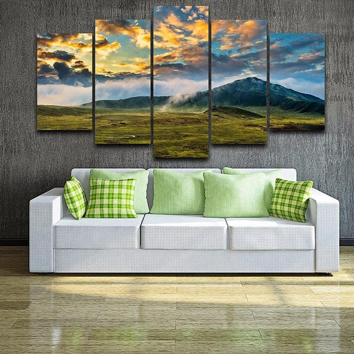 Green Grass Lawn And Mountains 5 Piece HD Multi Panel Canvas Wall Art Frame