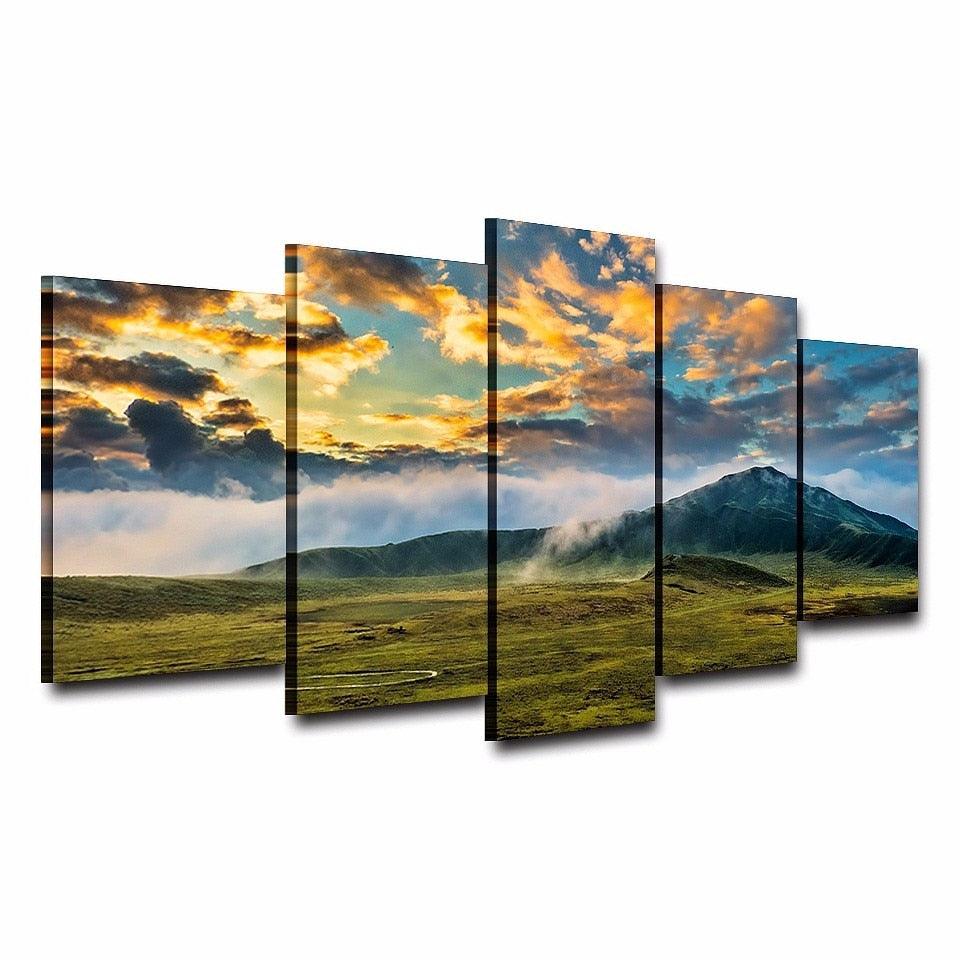 Grass Lawn And Mountains 5 Piece HD Multi Panel Canvas Wall Art Frame - Original Frame
