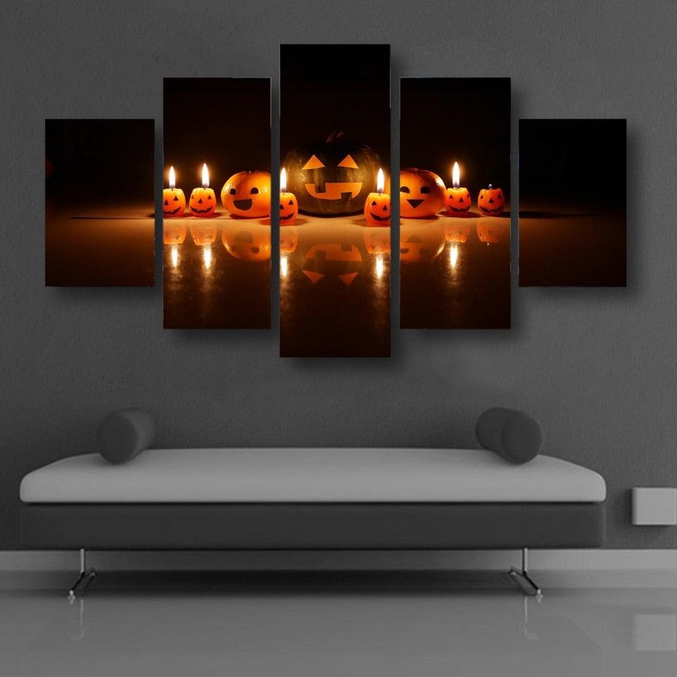 Halloween Carved Pumpkin 5 Piece HD Multi Panel Canvas Wall Art Frame - Original Frame