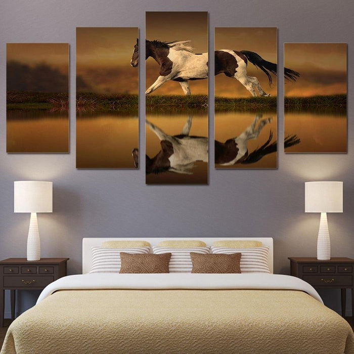 Animal Horse Running 5 Piece HD Multi Panel Canvas Wall Art Frame - Original Frame