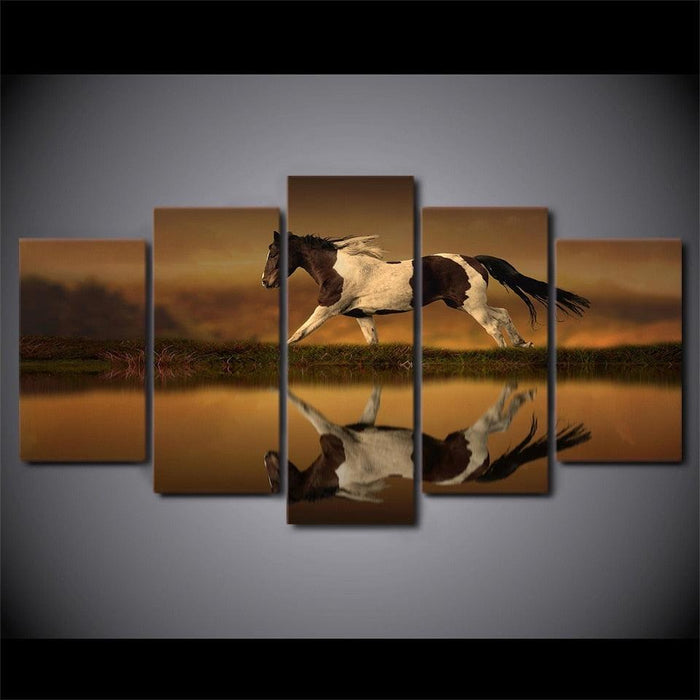 Animal Horse Running 5 Piece HD Multi Panel Canvas Wall Art Frame - Original Frame