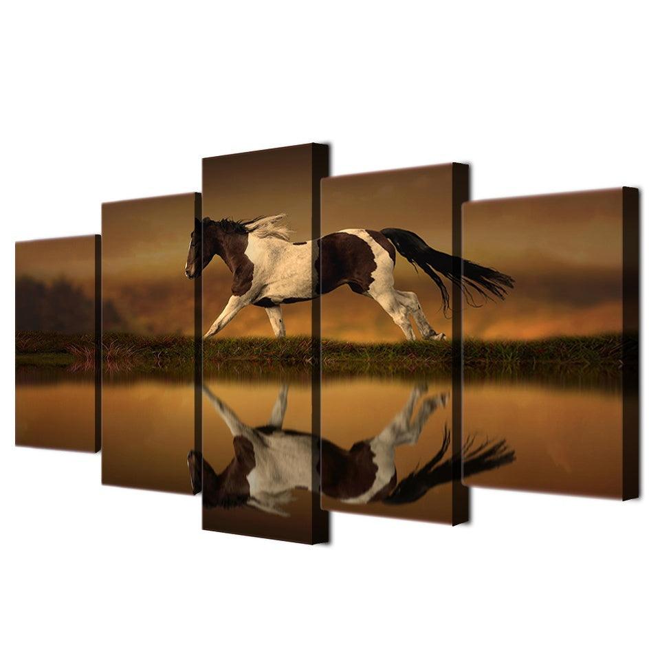 Animal Horse Running 5 Piece HD Multi Panel Canvas Wall Art Frame - Original Frame