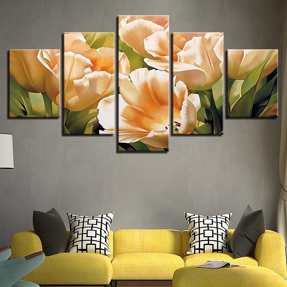 Graceful Champagne Tulips 5 Piece HD Multi Panel Canvas Wall Art Frame - Original Frame