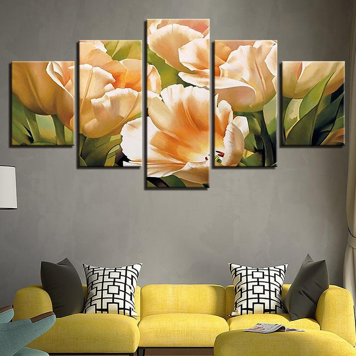 Graceful Champagne Tulips 5 Piece HD Multi Panel Canvas Wall Art Frame - Original Frame