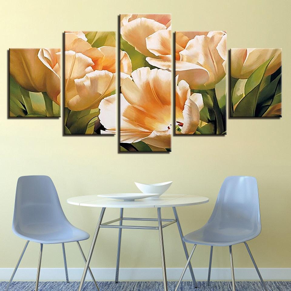 Graceful Champagne Tulips 5 Piece HD Multi Panel Canvas Wall Art Frame - Original Frame