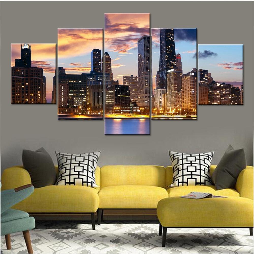 Sunset City Dusk 5 Piece HD Multi Panel Canvas Wall Art Frame - Original Frame