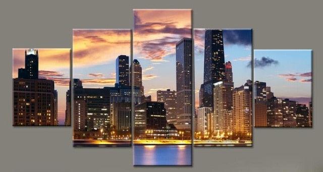 Sunset City Dusk 5 Piece HD Multi Panel Canvas Wall Art Frame