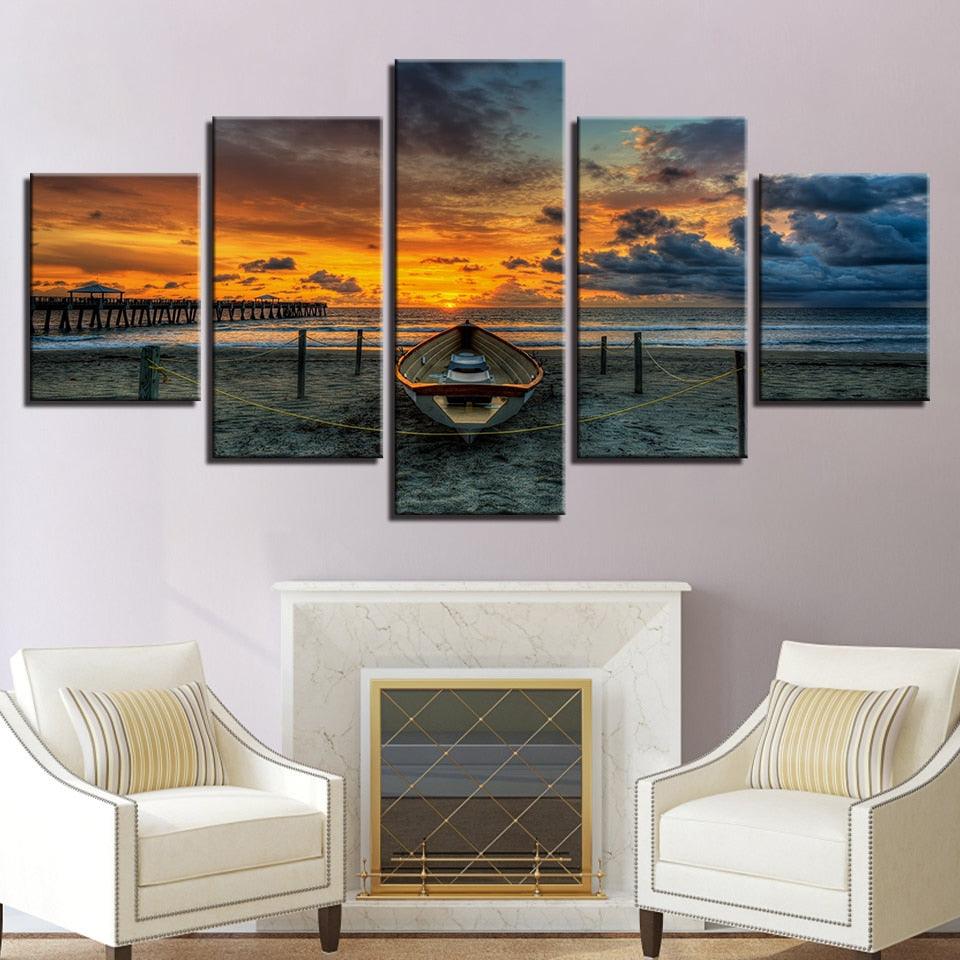 Beach Dusk 5 Piece HD Multi Panel Canvas Wall Art Frame - Original Frame