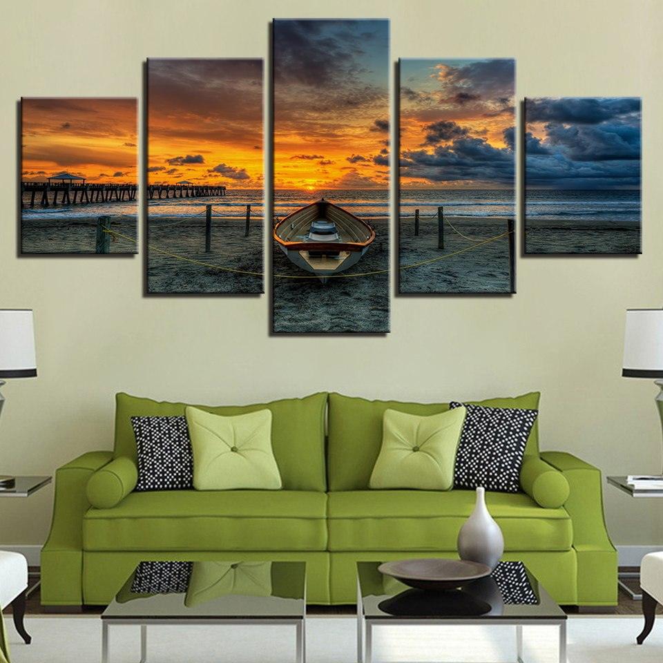 Beach Dusk 5 Piece HD Multi Panel Canvas Wall Art Frame - Original Frame