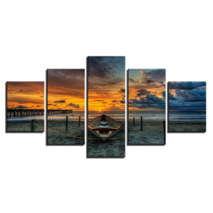 Beach Dusk 5 Piece HD Multi Panel Canvas Wall Art Frame