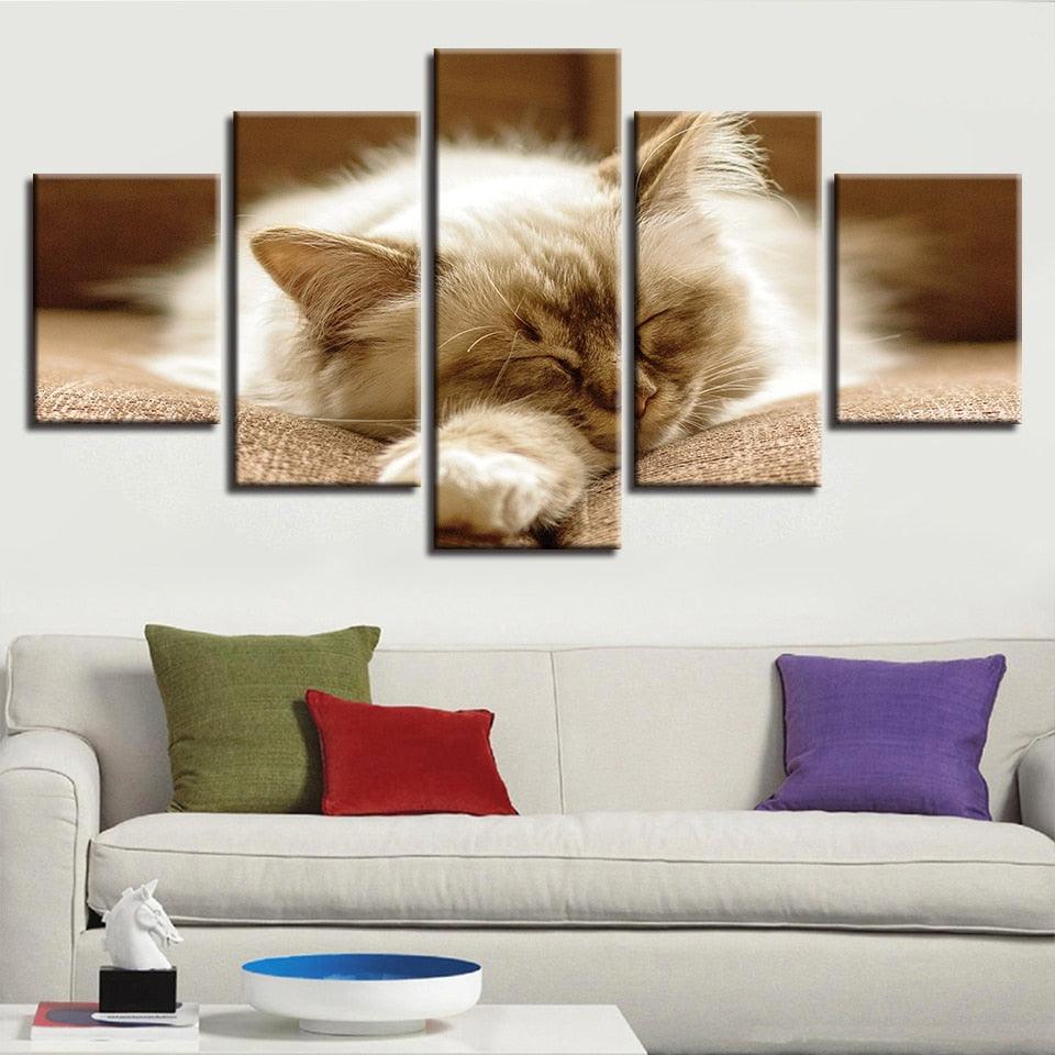Lazy Sleeping Cat 5 Piece HD Multi Panel Canvas Wall Art Frame - Original Frame