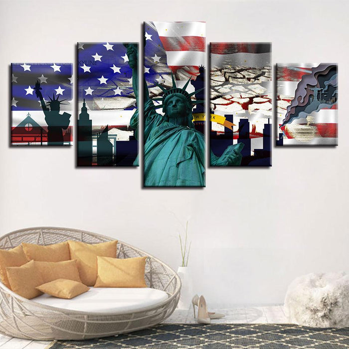 American Flag Statue Of Liberty 5 Piece HD Multi Panel Canvas Wall Art Frame - Original Frame