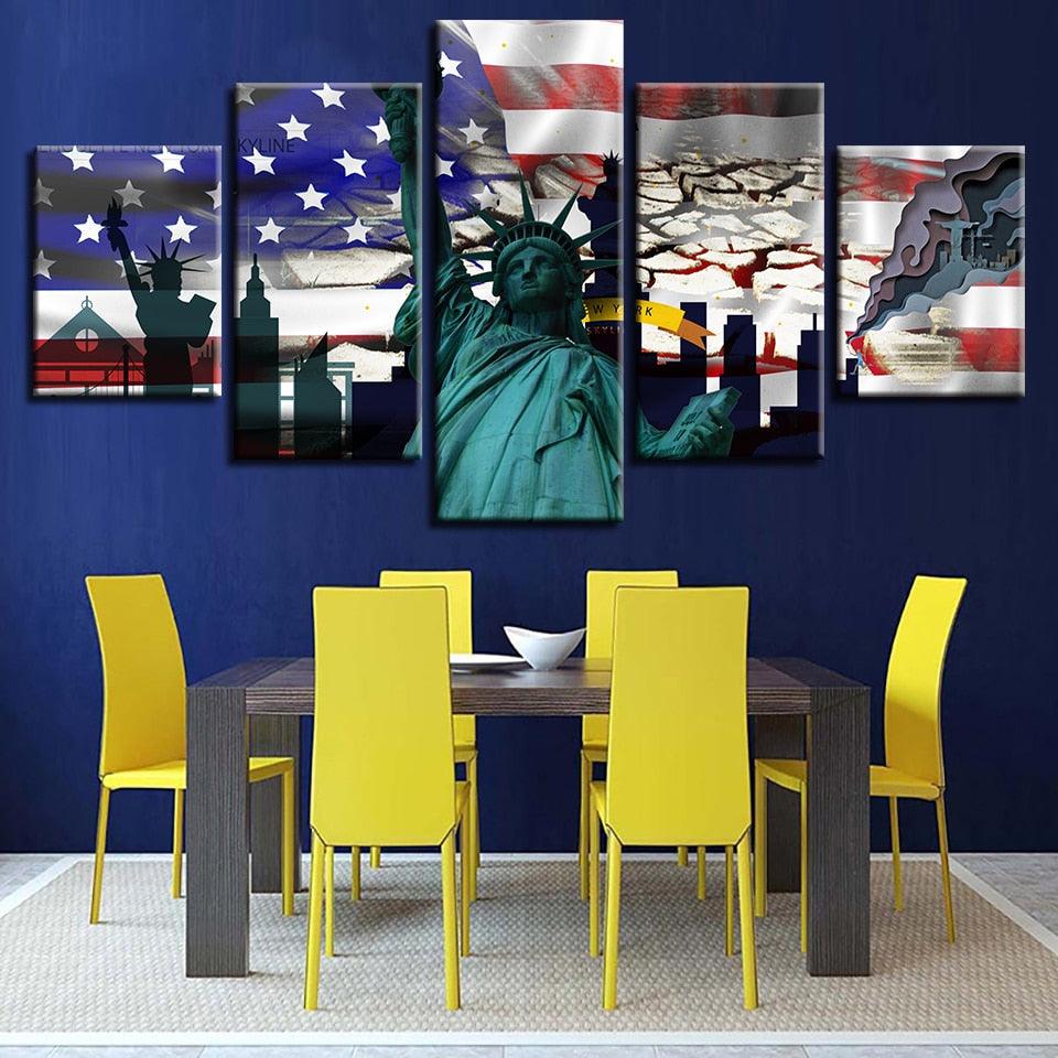 American Flag Statue Of Liberty 5 Piece HD Multi Panel Canvas Wall Art Frame - Original Frame