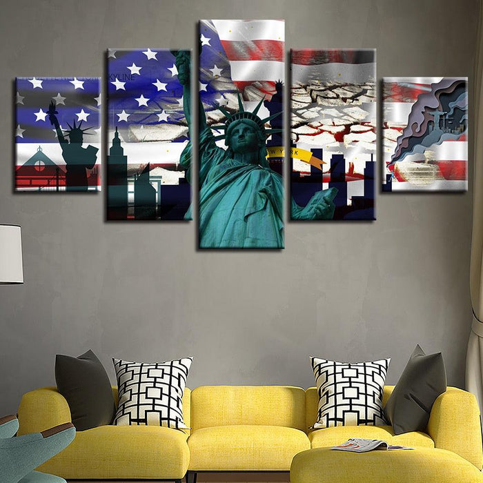 American Flag Statue Of Liberty 5 Piece HD Multi Panel Canvas Wall Art Frame - Original Frame