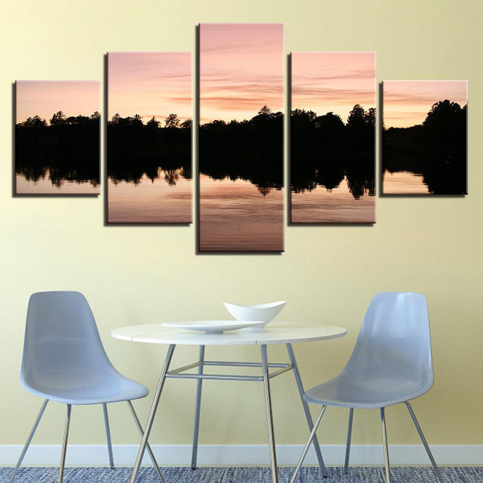 Trees Lake Sunset 5 Piece HD Multi Panel Canvas Wall Art Frame