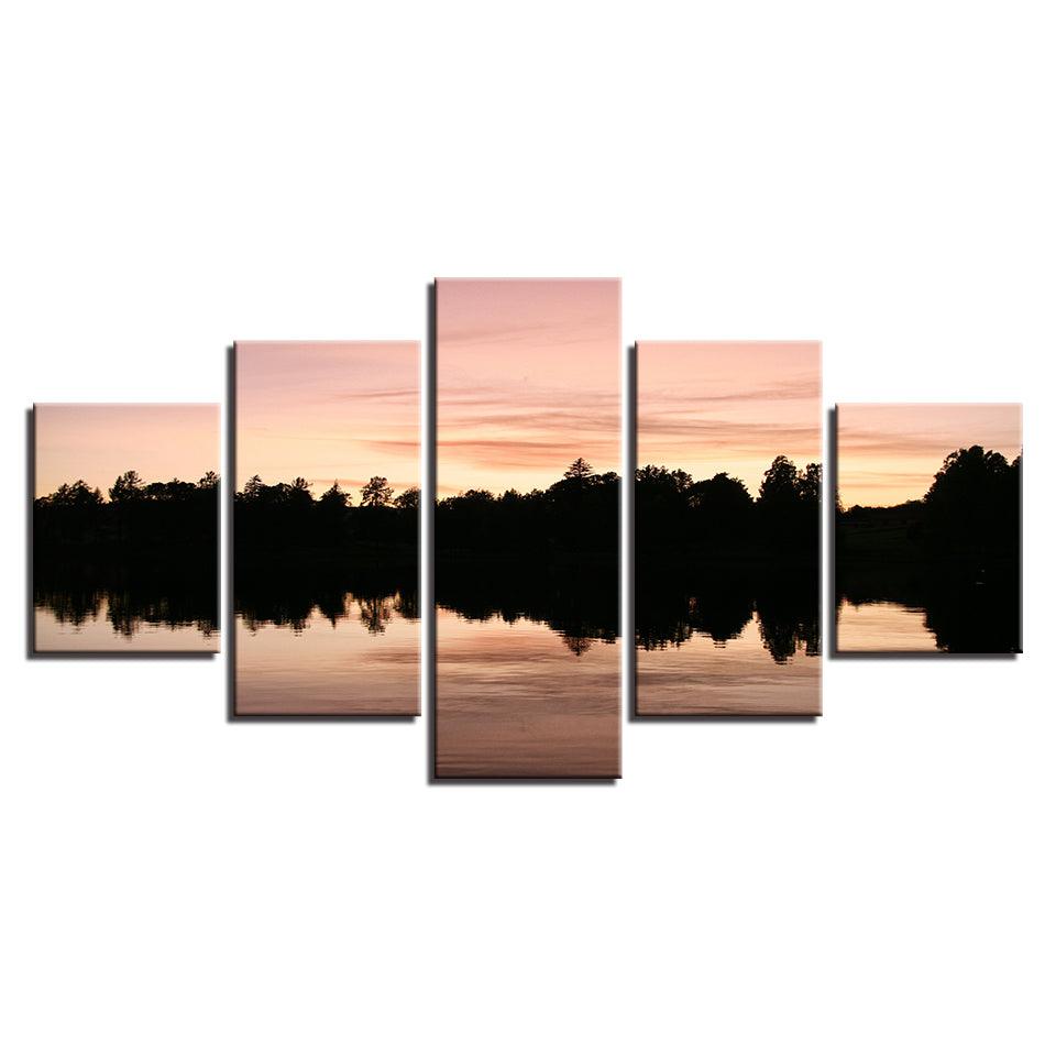 Trees Lake Sunset 5 Piece HD Multi Panel Canvas Wall Art Frame - Original Frame