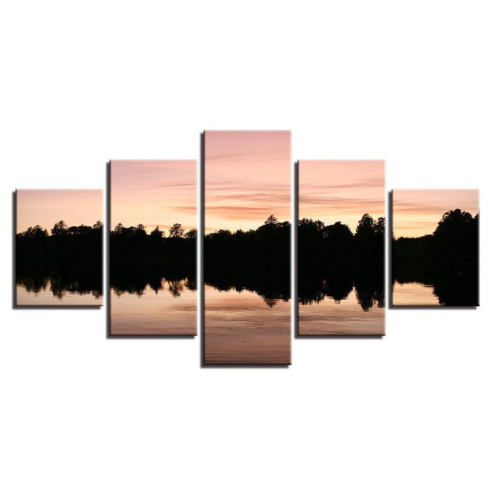 Trees Lake Sunset 5 Piece HD Multi Panel Canvas Wall Art Frame