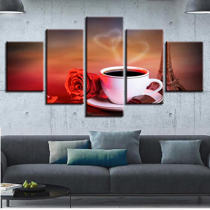 Coffee And Red Rose 5 Piece HD Multi Panel Canvas Wall Art Frame - Original Frame