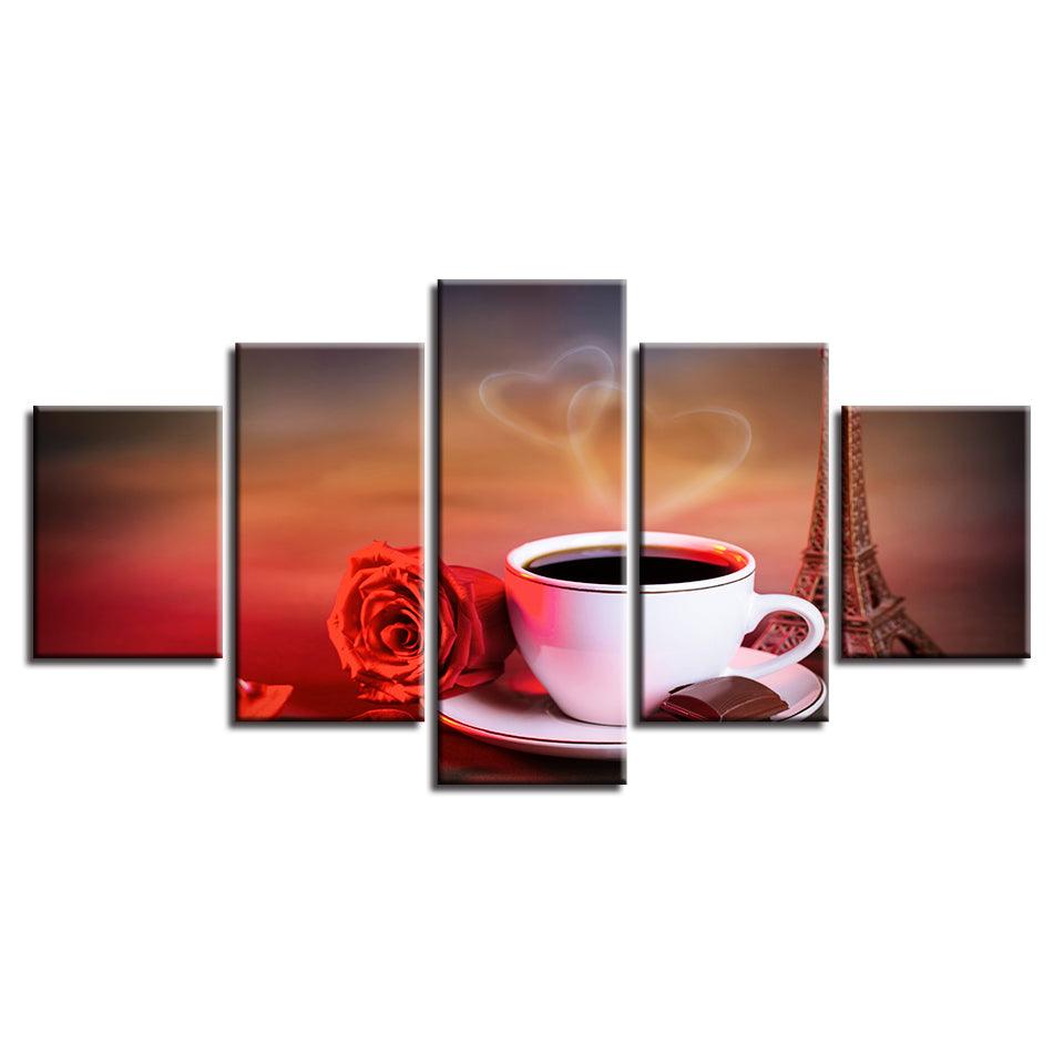 Coffee And Red Rose 5 Piece HD Multi Panel Canvas Wall Art Frame - Original Frame
