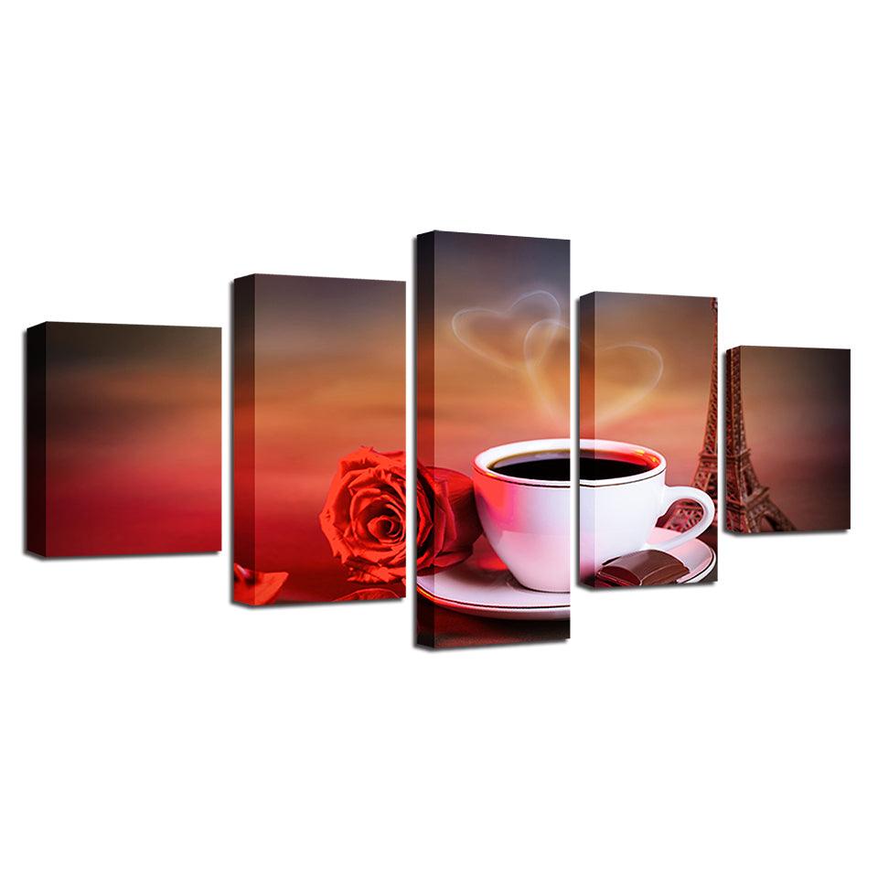 Coffee And Red Rose 5 Piece HD Multi Panel Canvas Wall Art Frame - Original Frame
