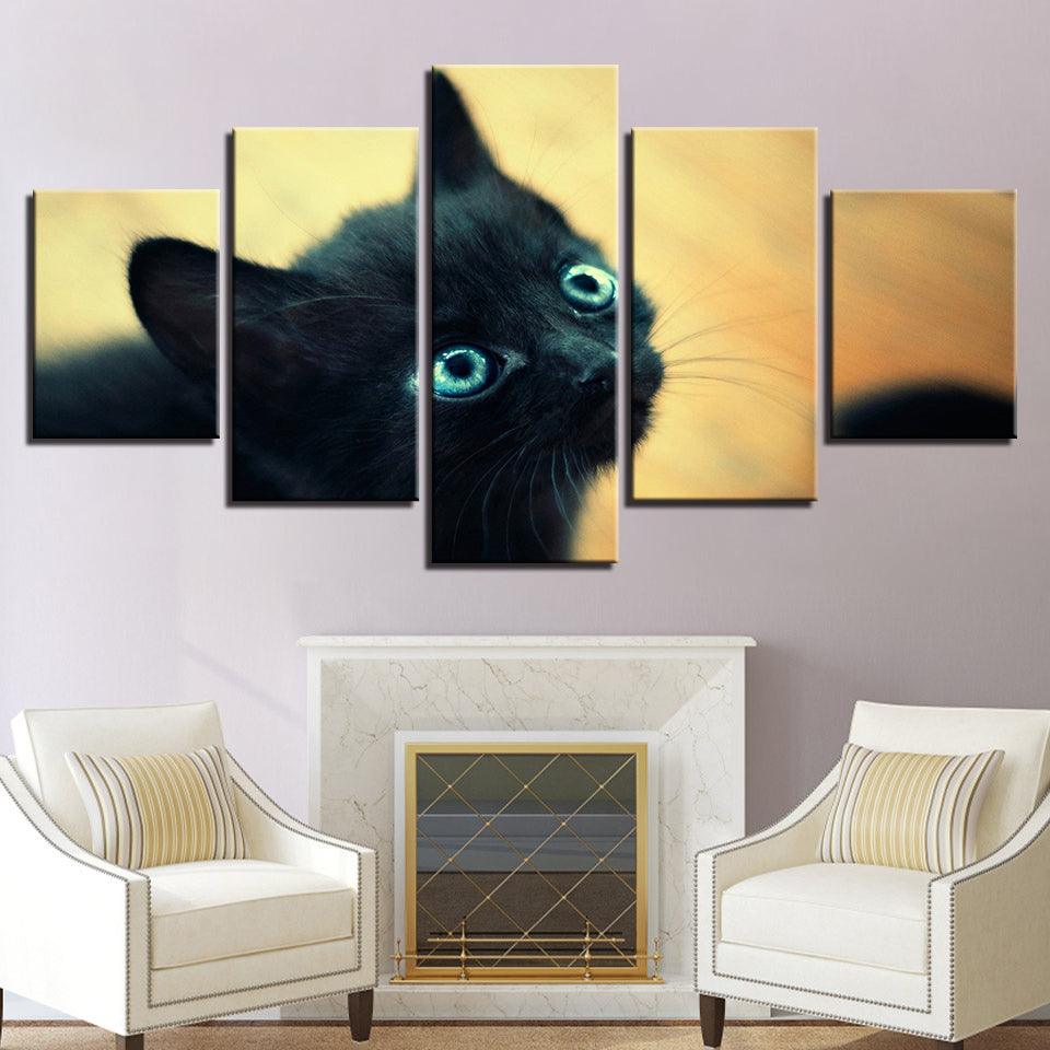 Black Cat Blue 5 Piece HD Multi Panel Canvas Wall Art Frame - Original Frame