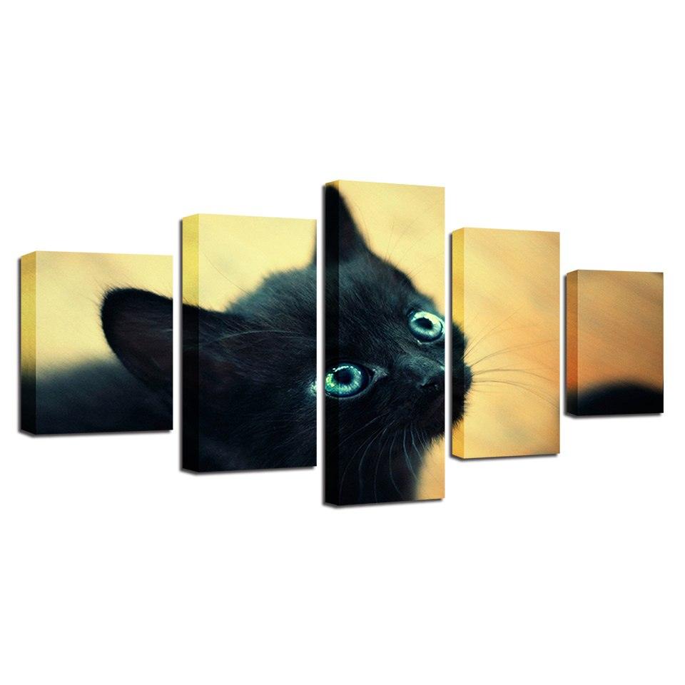 Black Cat Blue 5 Piece HD Multi Panel Canvas Wall Art Frame - Original Frame
