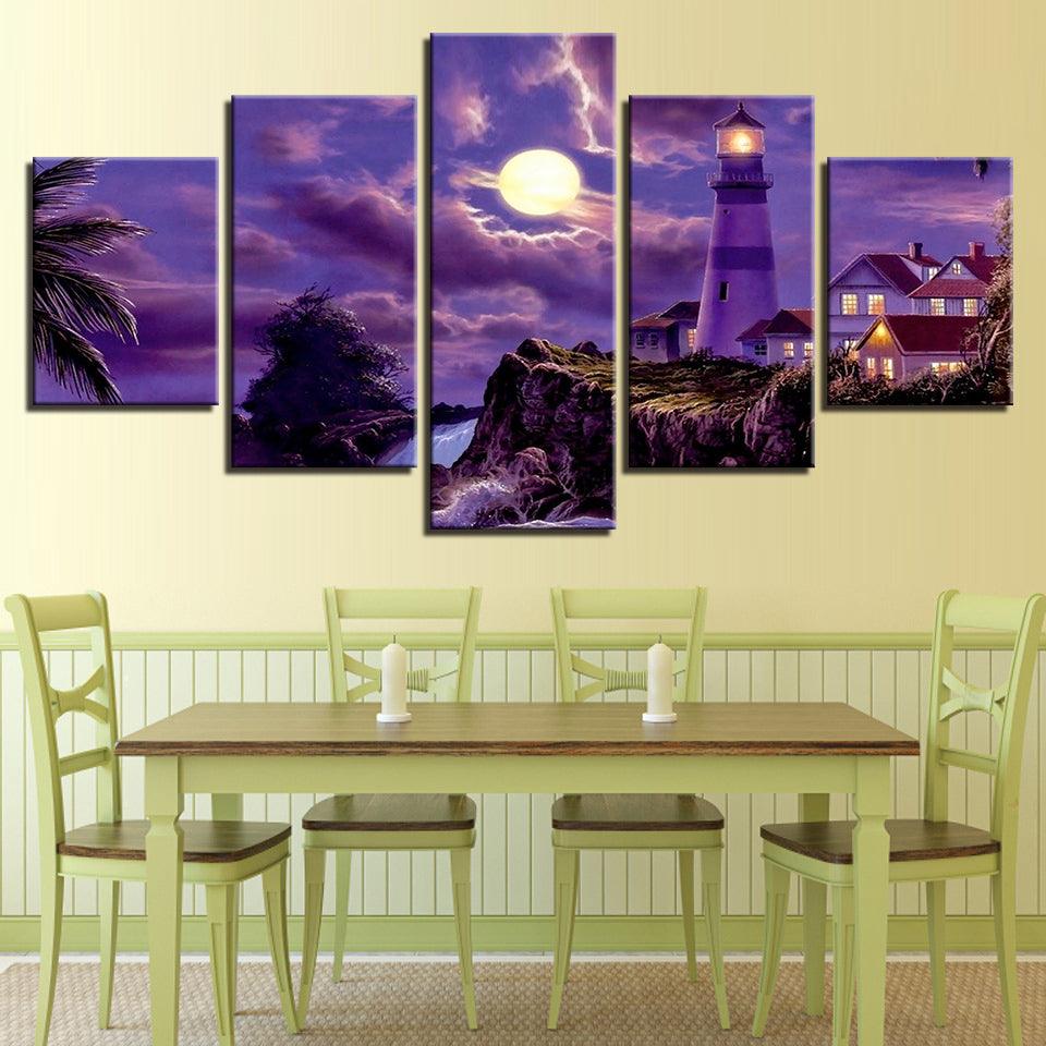 Purple Moonlit Night 5 Piece HD Multi Panel Canvas Wall Art - Original Frame